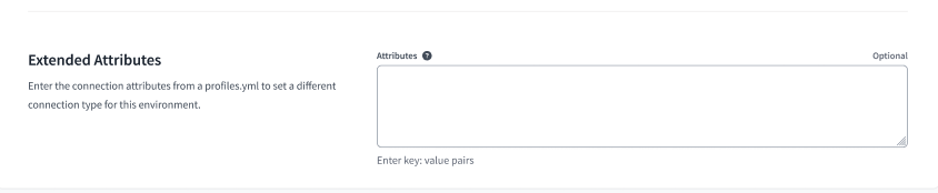 Extended Attributes helps users add profiles.yml attributes to dbt Environment settings using a free form text box.